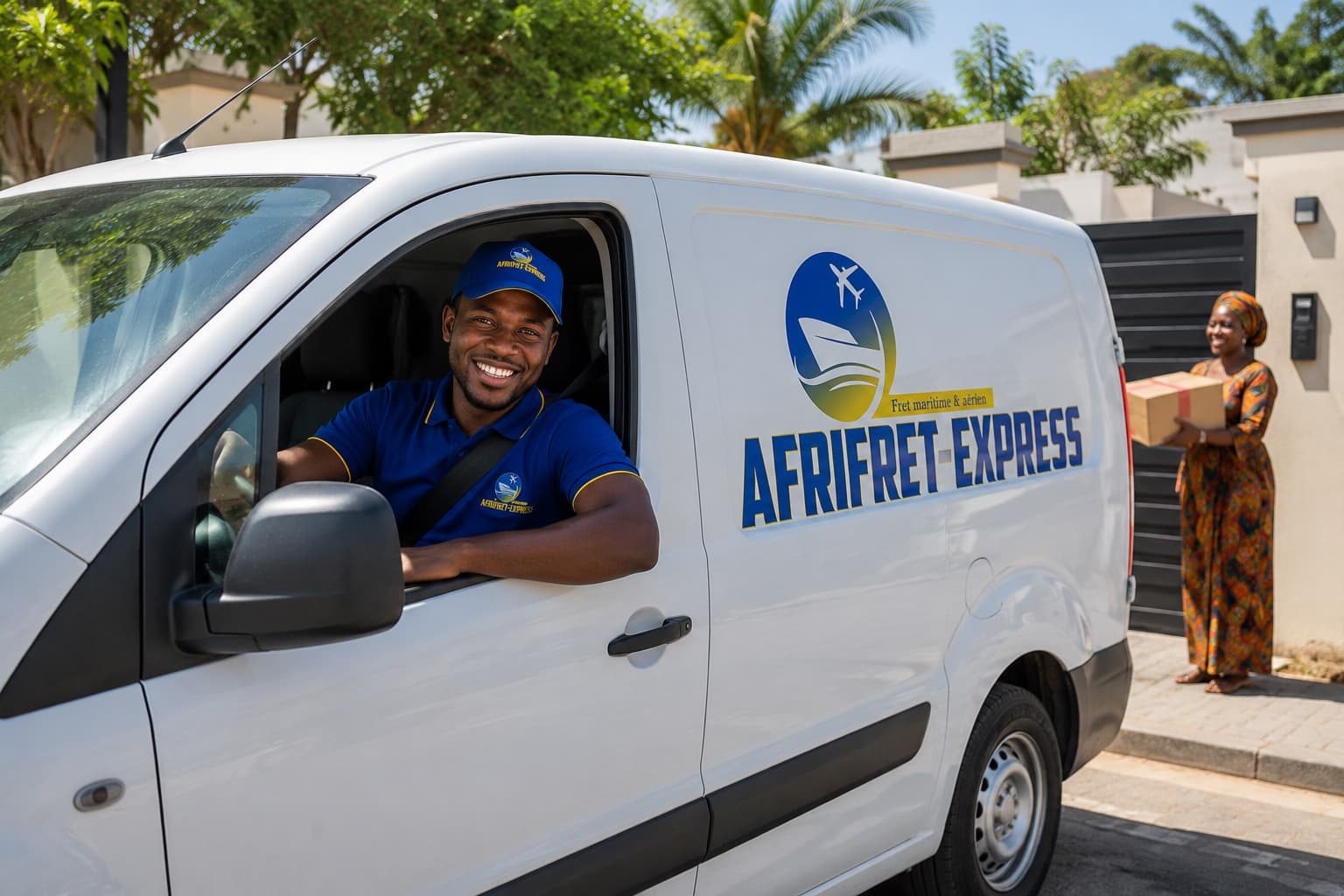 Chauffeur Afrifret Express au volant de la camionnette, remise d'un colis à une cliente
