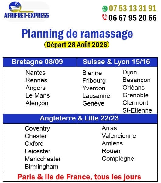 Planning de ramassage par région, avec les numéros de contact France