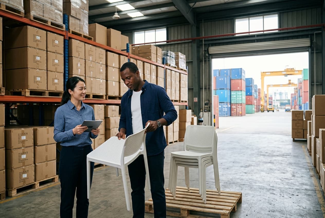 Acheteur examinant un échantillon de chaise avec une fournisseuse dans un entrepôt d'export, conteneurs en arrière-plan
