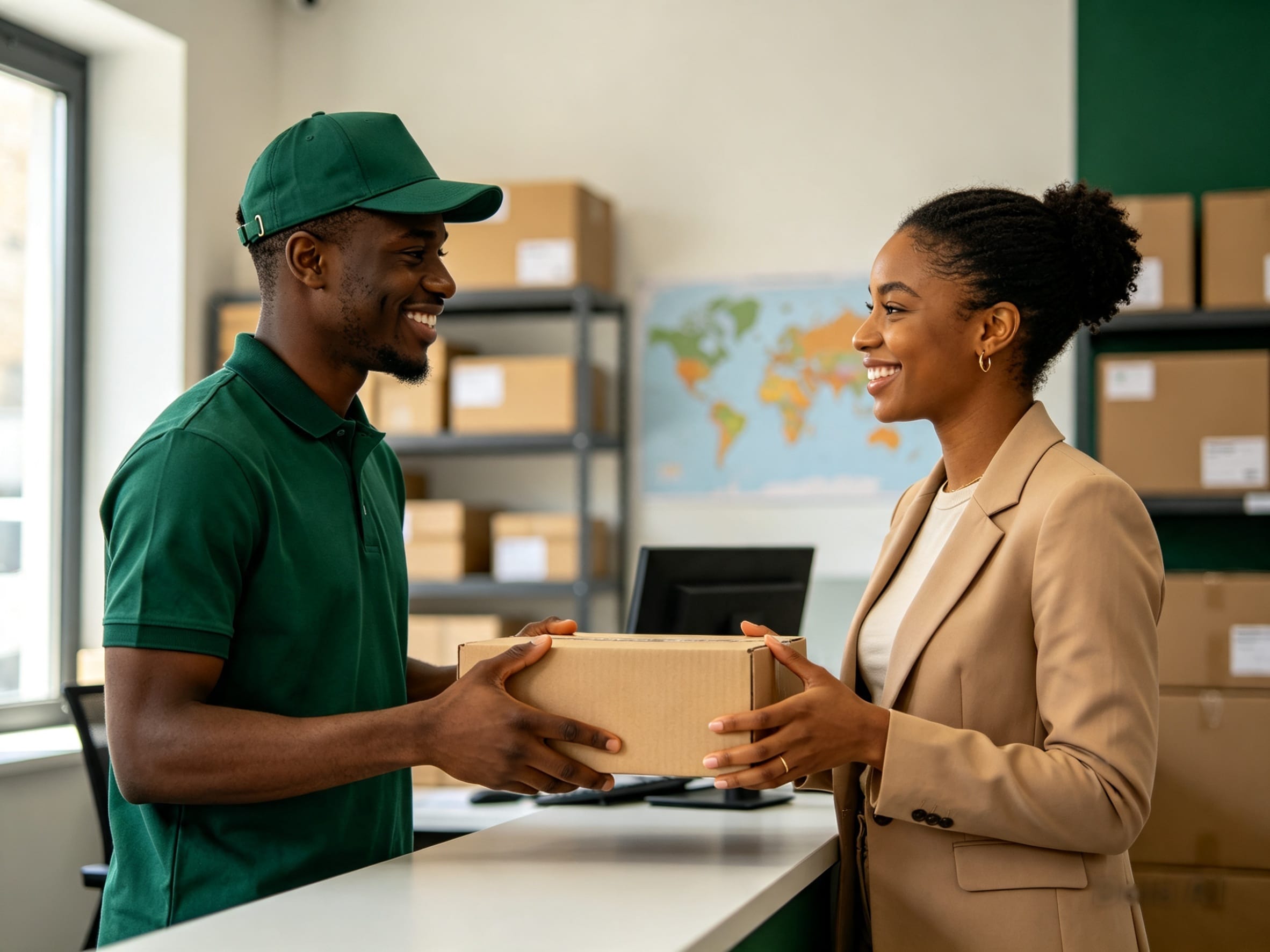 Un agent Afrifret remet un colis à une cliente, souriants, au comptoir de l'agence