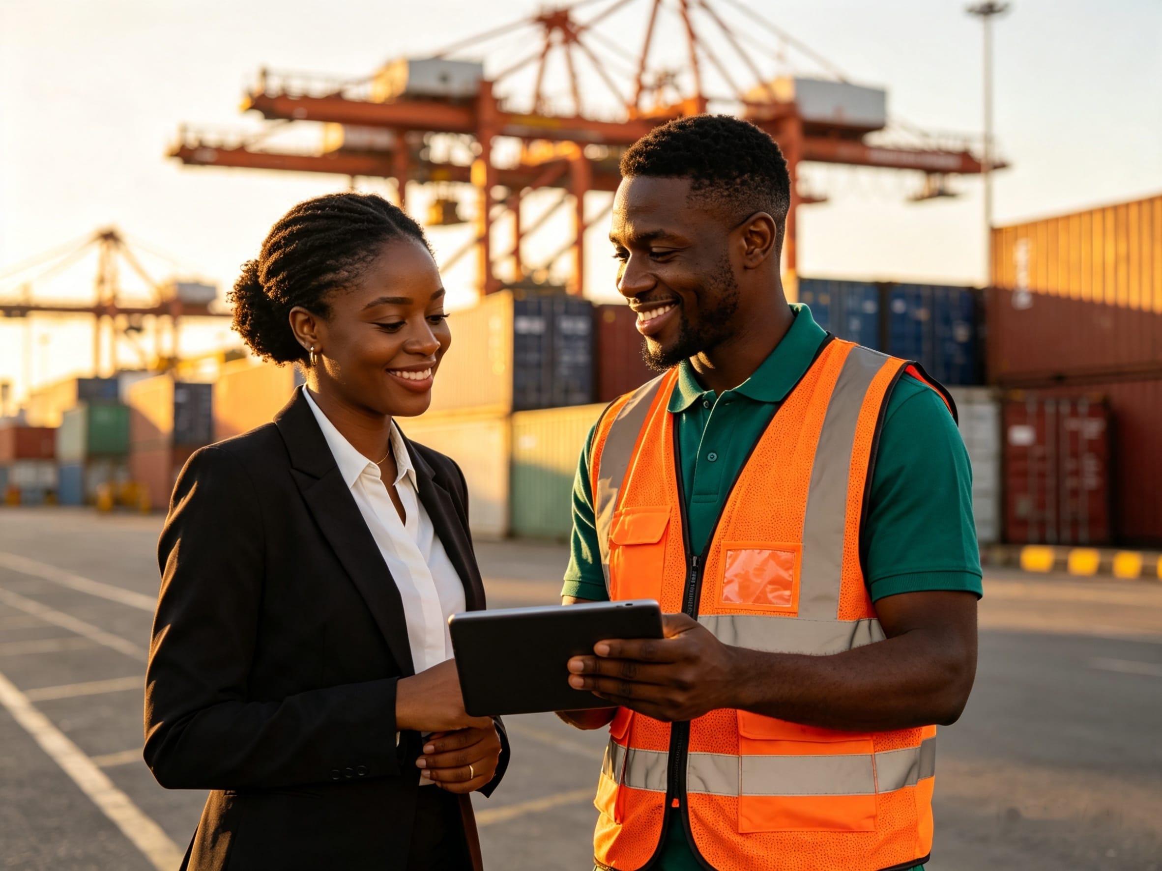 Un agent Afrifret en gilet de sécurité montre le suivi d'un envoi sur tablette à une cliente, sur le terminal portuaire